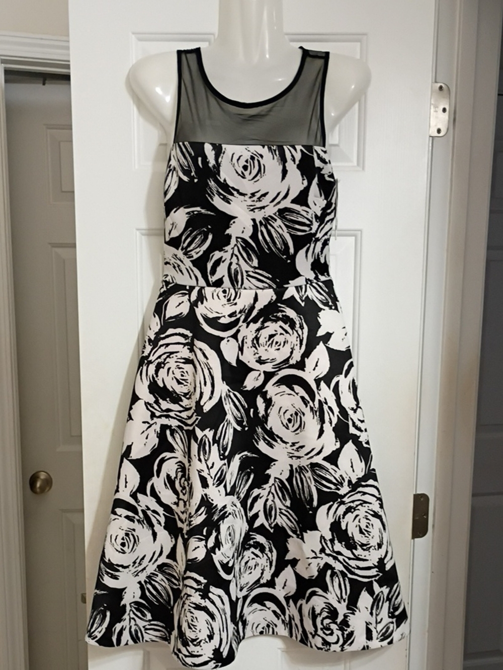 Aqua Black and White Floral Mesh-Yoke Midi Dress
